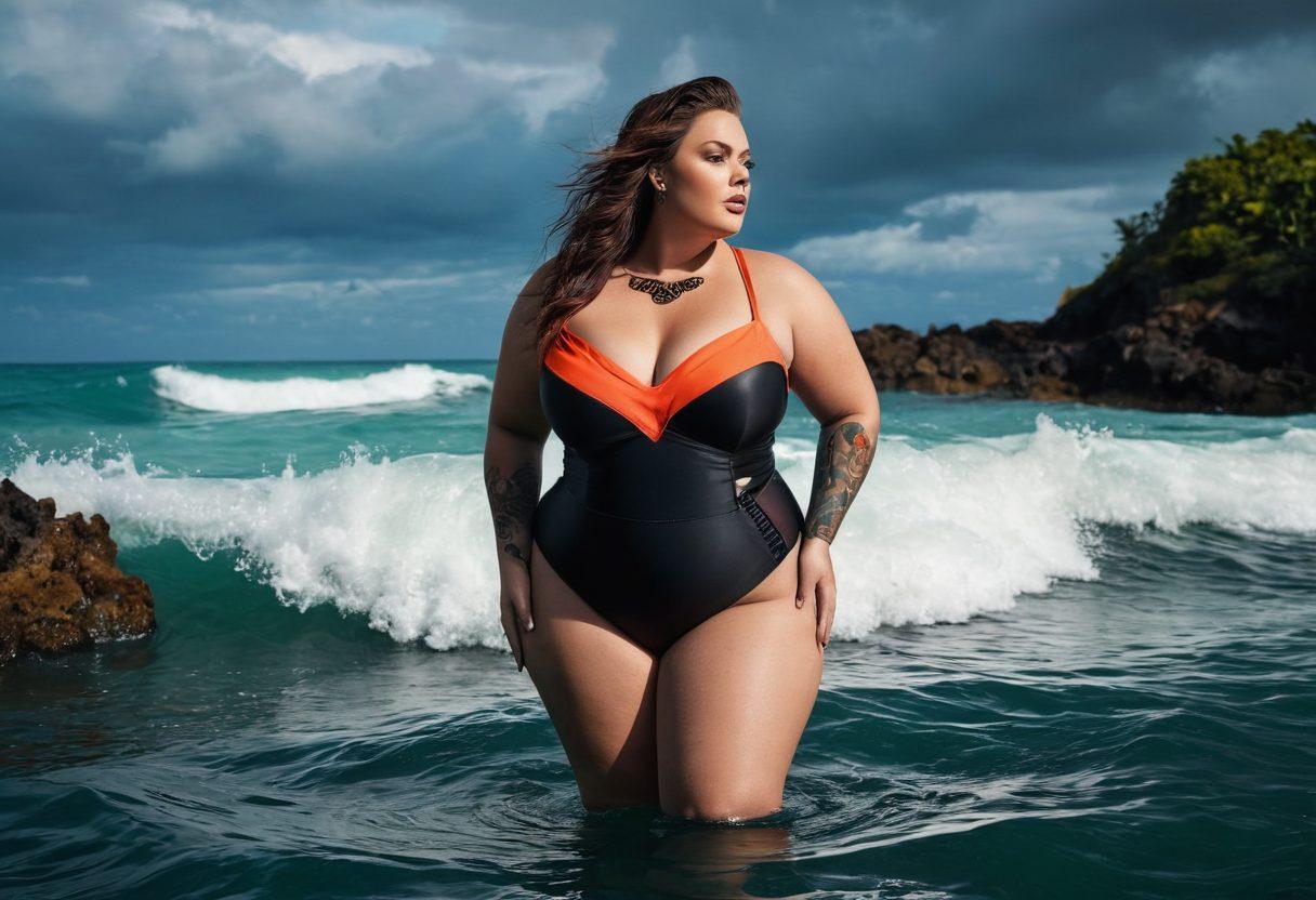 A bold and dynamic composition featuring confident, plus-size models wearing edgy swimwear that combines dark hues and metallic accents. The background should evoke a moody oceanic vibe, with crashing waves and vibrant coral reefs subtly illuminated. Include elements like tattoos and piercings to highlight individuality, while celebrating body positivity. Showcase diverse body types to emphasize inclusivity. super-realistic. vibrant colors. dramatic lighting.